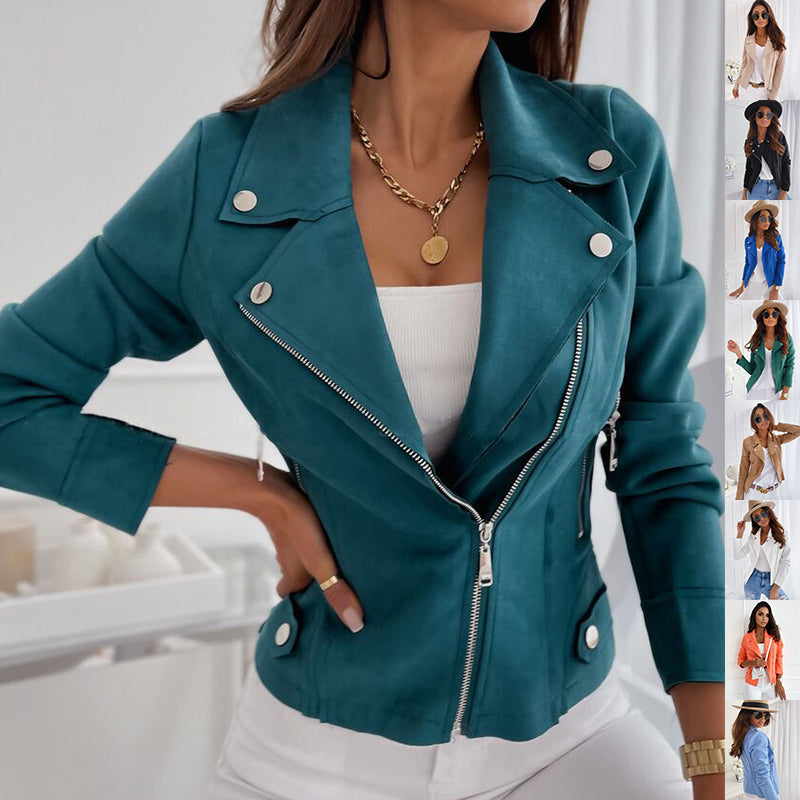 Zip-up Lapel Jacket With Pockets Long Sleeve