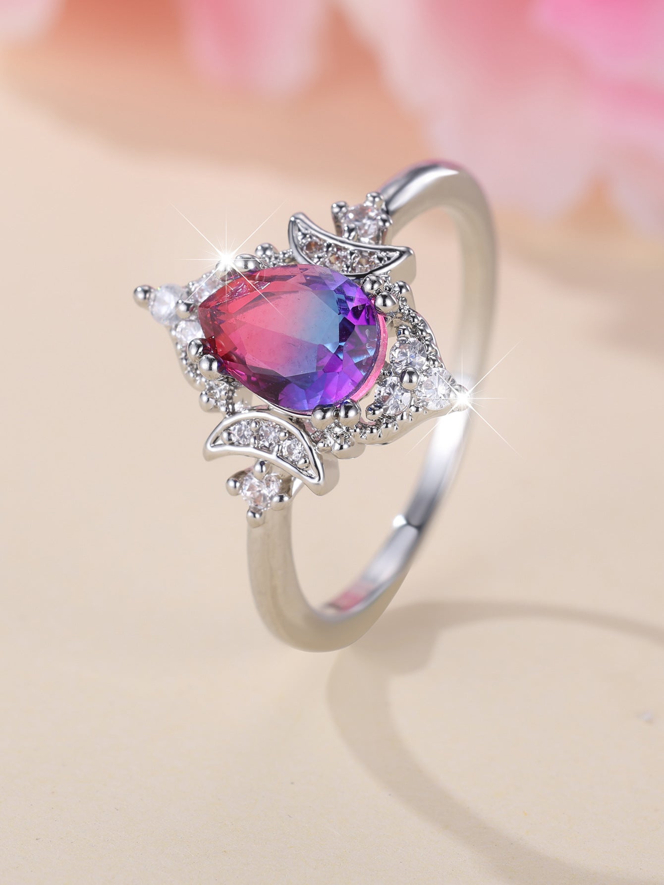 New Gradient White Rose Blue Water Drop Tourmaline Crown Ring Personality Fashion